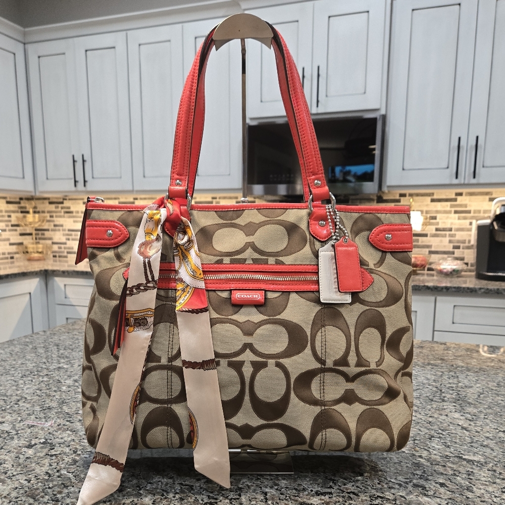 Coach Signature Canvas Tote with Red Trim and Scarf